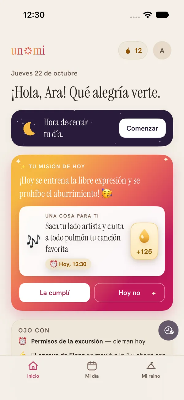 Pantalla de inicio de Unomi en la noche